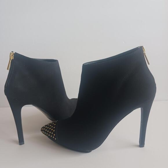 Express suede 8.5 studded 4.5" heel gold studded zippered stiletto booties - Picture 2 of 7